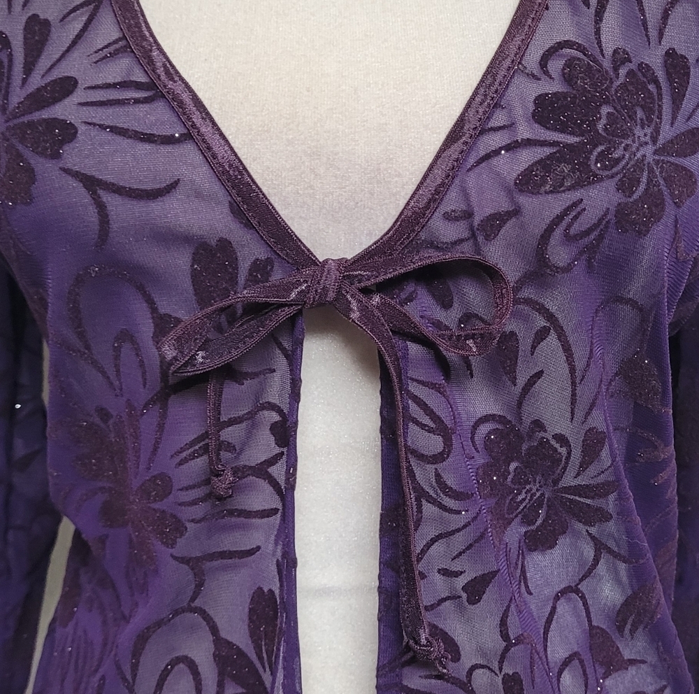 Goth Vintage 90s Sheer Purple Silver Metallic Floral Velvet Tie Front Cardigan L - Picture 4 of 11